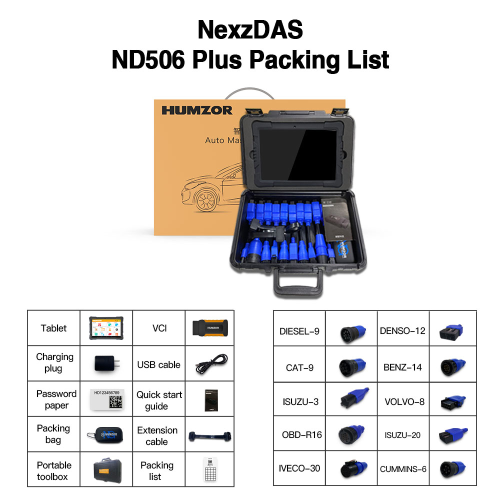 Humzor NexzDAS ND506 Plus VCI+10.1 Tablet 12-24V Diesel Truck Diagnostic Tool