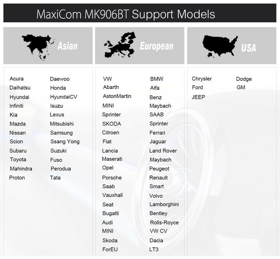 mk906 bt Vehicle Coverage