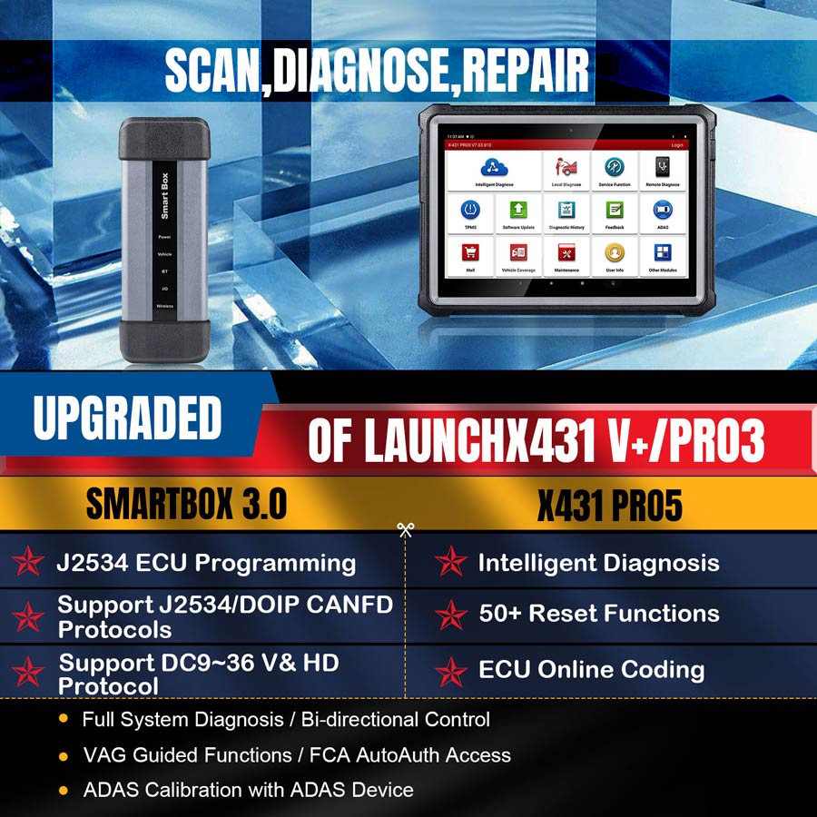 Launch X431 PRO 5 PRO5 Full System Diagnostic Tool with Smart Box 3.0  Support J2534/ CANFD/ DoIP Upgrade Version of X431 Pro3